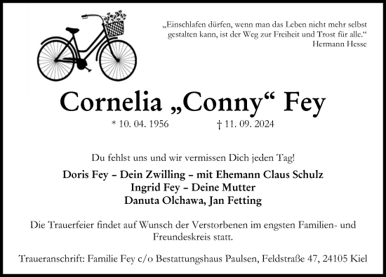 Traueranzeige von Cornelia Fey von Kieler Nachrichten