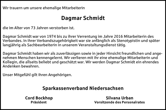 Traueranzeige von Dagmar Schmidt von Hannoversche Allgemeine Zeitung/Neue Presse