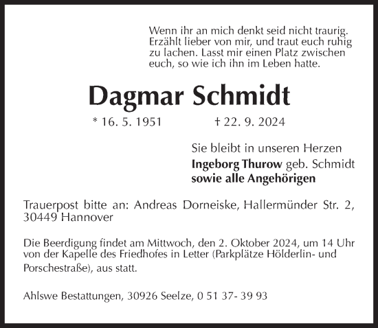 Traueranzeige von Dagmar Schmidt von Hannoversche Allgemeine Zeitung/Neue Presse