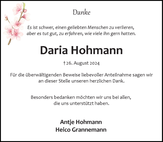 Traueranzeige von Daria Hohmann von Lübecker Nachrichten