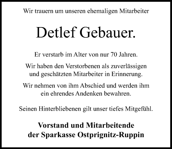 Traueranzeige von Detlef Gebauer von Märkischen Allgemeine Zeitung