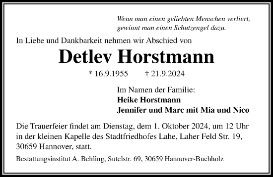 Traueranzeige von Detlev Horstmann von Hannoversche Allgemeine Zeitung/Neue Presse