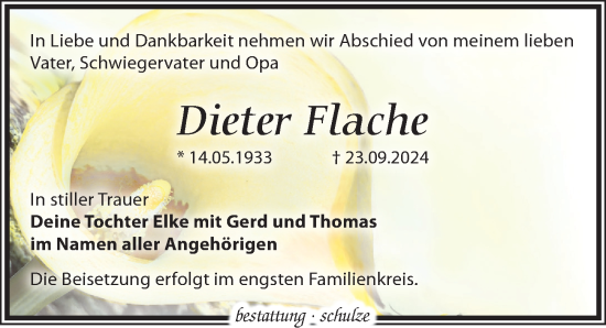 Traueranzeige von Dieter Flache von Leipziger Volkszeitung