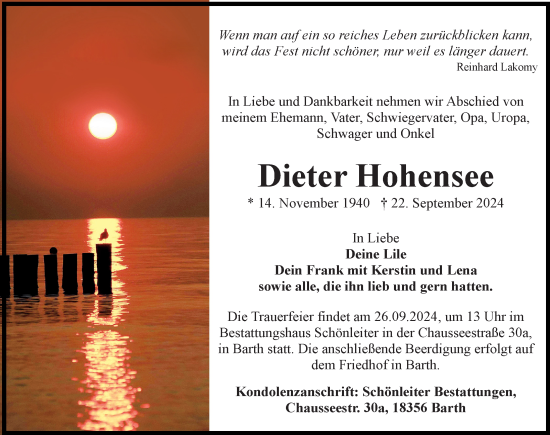 Traueranzeige von Dieter Hohensee von Ostsee-Zeitung GmbH