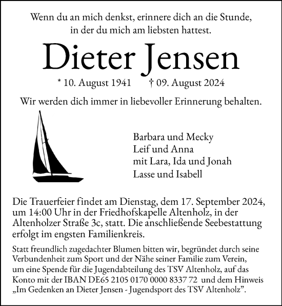 Traueranzeige von Dieter Jensen von Kieler Nachrichten