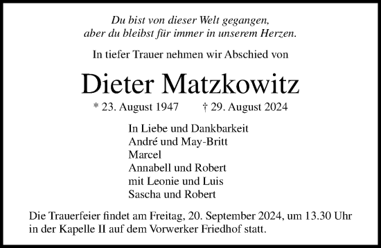 Traueranzeige von Dieter Matzkowitz von Lübecker Nachrichten