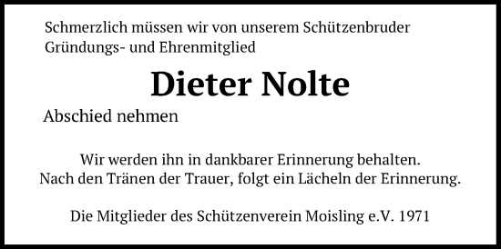 Traueranzeige von Dieter Nolte von Lübecker Nachrichten