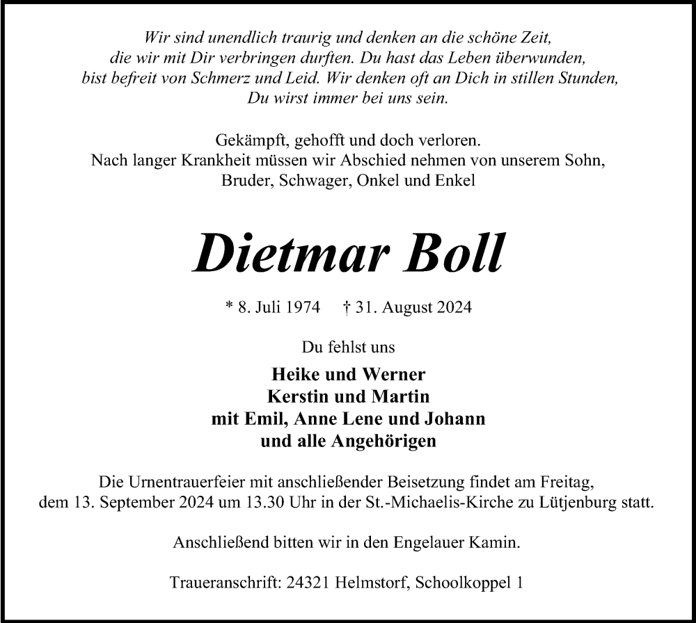  Traueranzeige für Dietmar Boll vom 06.09.2024 aus Kieler Nachrichten