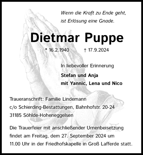 Traueranzeige von Dietmar Puppe von Peiner Allgemeine Zeitung