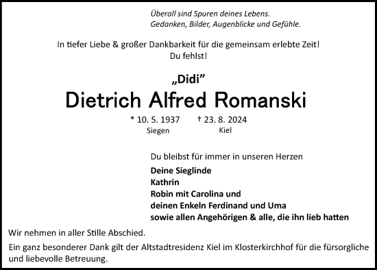 Traueranzeige von Dietrich Alfred Romanski von Kieler Nachrichten