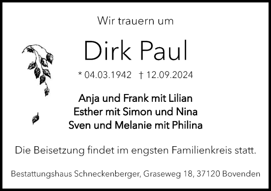 Traueranzeige von Dirk Paul von Göttinger Tageblatt