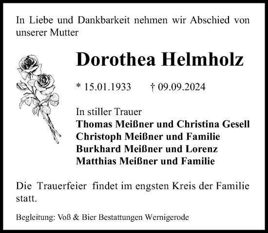 Traueranzeige von Dorothea Helmholz von Märkischen Allgemeine Zeitung