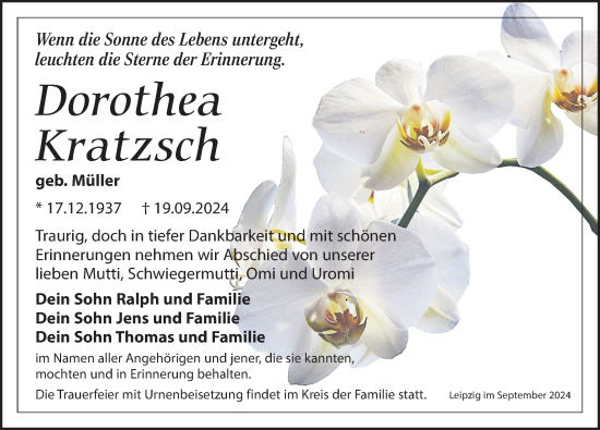 Traueranzeige von Dorothea Kratzsch von Leipziger Volkszeitung