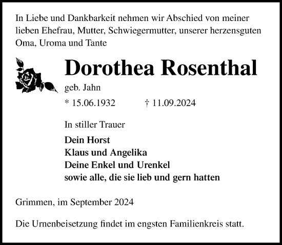 Traueranzeige von Dorothea Rosenthal von Ostsee-Zeitung GmbH