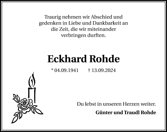 Traueranzeige von Eckhard Rohde von Göttinger Tageblatt