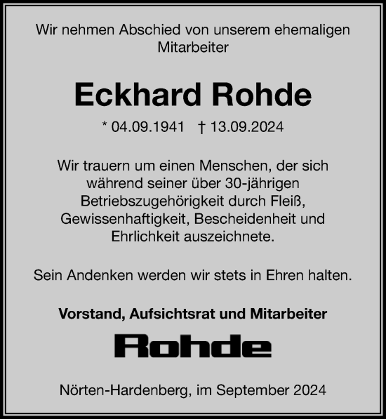 Traueranzeige von Eckhard Rohde von Göttinger Tageblatt