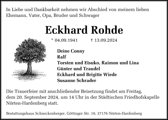 Traueranzeige von Eckhard Rohde von Göttinger Tageblatt