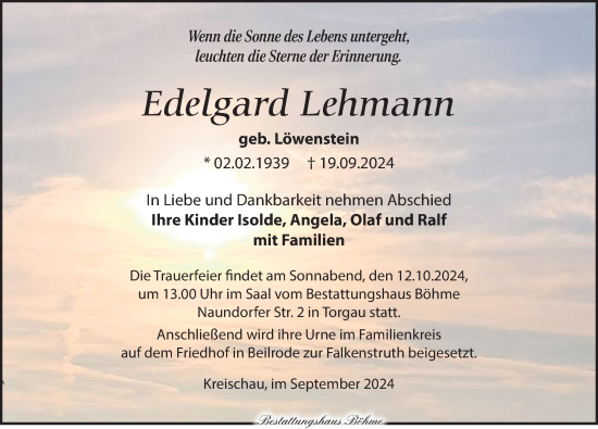 Traueranzeige von Edelgard Lehmann von Torgauer Zeitung