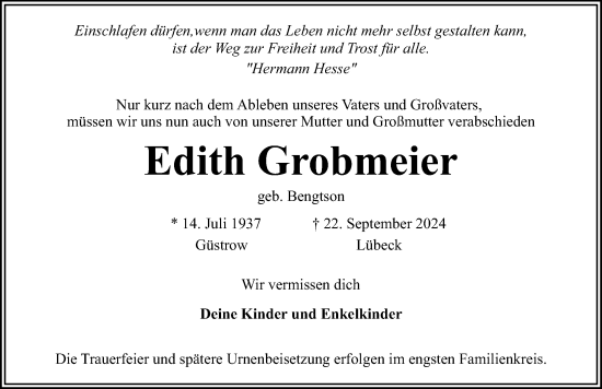 Traueranzeige von Edith Grobmeier von Lübecker Nachrichten