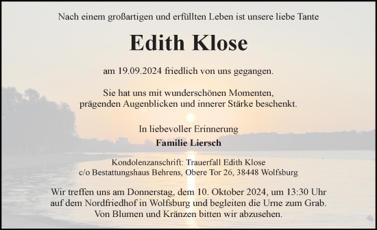 Traueranzeige von Edith Klose von Aller Zeitung