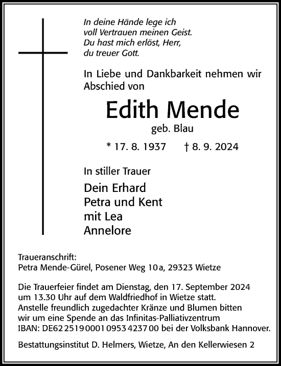 Traueranzeige von Edith Mende von Hannoversche Allgemeine Zeitung/Neue Presse