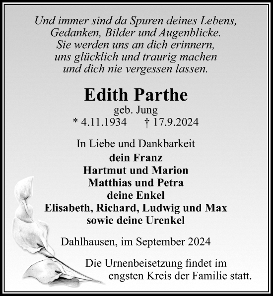 Traueranzeige von Edith Parthe von Wochenspiegel