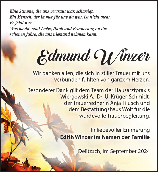 Traueranzeige von Edmund Winzer von Leipziger Volkszeitung