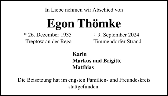 Traueranzeige von Egon Thömke von Lübecker Nachrichten