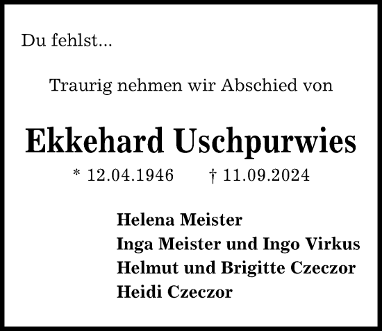 Traueranzeige von Ekkehard Uschpurwies von Hannoversche Allgemeine Zeitung/Neue Presse