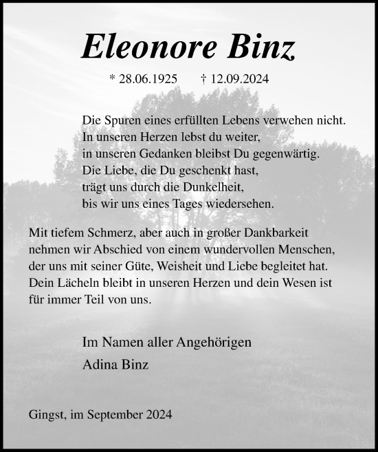 Traueranzeige von Eleonore Binz von Ostsee-Zeitung GmbH