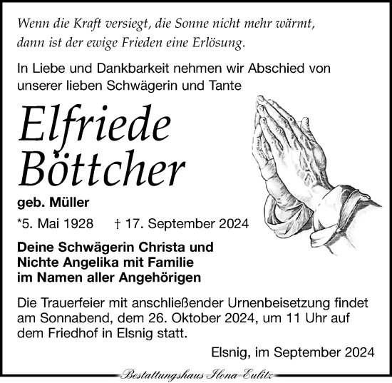 Traueranzeige von Elfriede Böttcher von Torgauer Zeitung