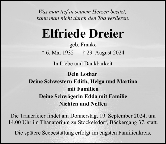 Traueranzeige von Elfriede Dreier von Lübecker Nachrichten