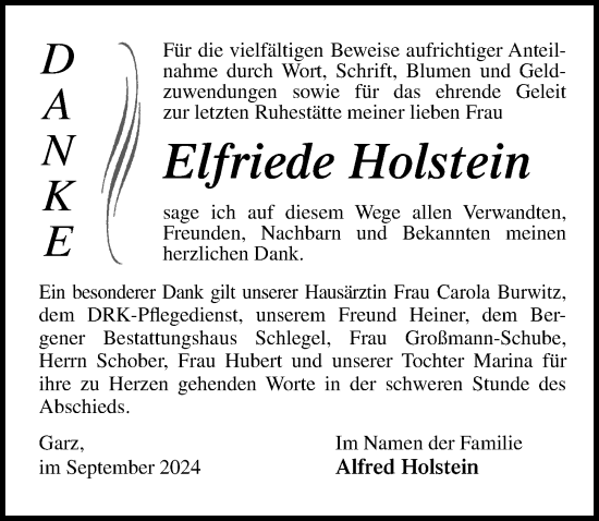 Traueranzeige von Elfriede Holstein von Ostsee-Zeitung GmbH