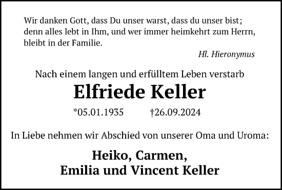 Traueranzeige von Elfriede Keller von Schaumburger Nachrichten