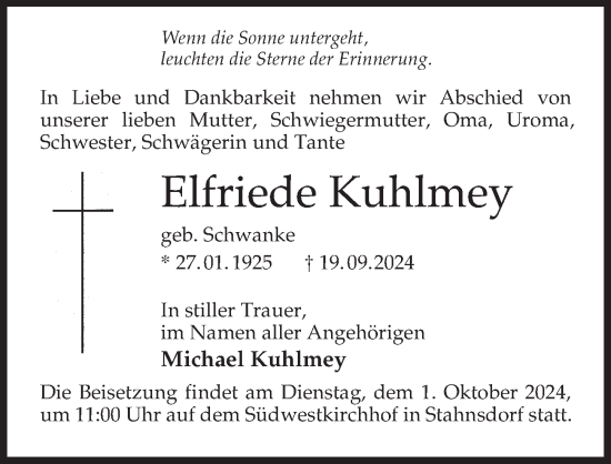 Traueranzeige von Elfriede Kuhlmey von Märkischen Allgemeine Zeitung