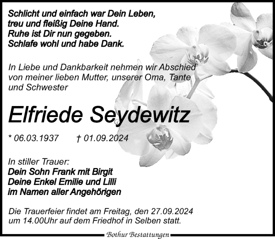 Traueranzeige von Elfriede Seydewitz von Leipziger Volkszeitung