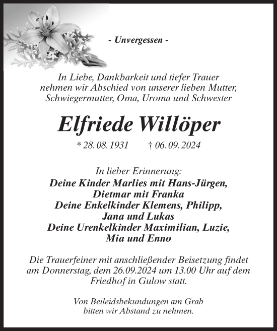 Traueranzeige von Elfriede Willöper von Wochenspiegel