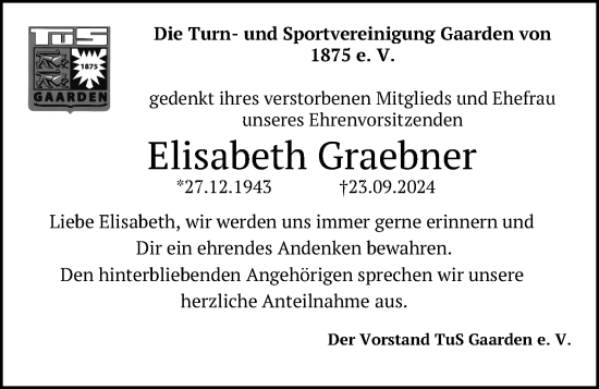 Traueranzeige von Elisabeth Graebner von Kieler Nachrichten