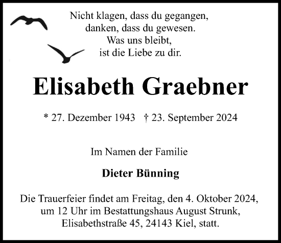 Traueranzeige von Elisabeth Graebner von Kieler Nachrichten