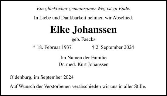 Traueranzeige von Elke Johanssen von Lübecker Nachrichten