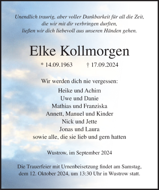 Traueranzeige von Elke Kollmorgen von Ostsee-Zeitung GmbH