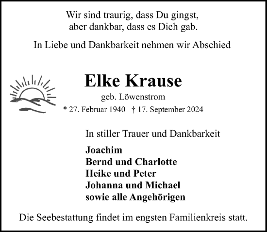 Traueranzeige von Elke Krause von Lübecker Nachrichten