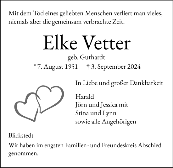 Traueranzeige von Elke Vetter von Kieler Nachrichten