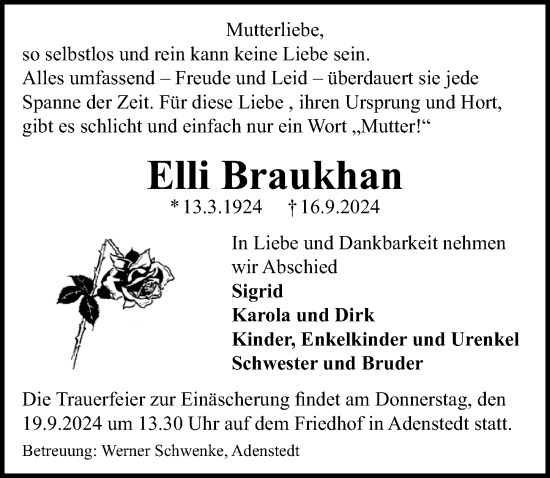 Traueranzeige von Elli Braukhan von Peiner Allgemeine Zeitung