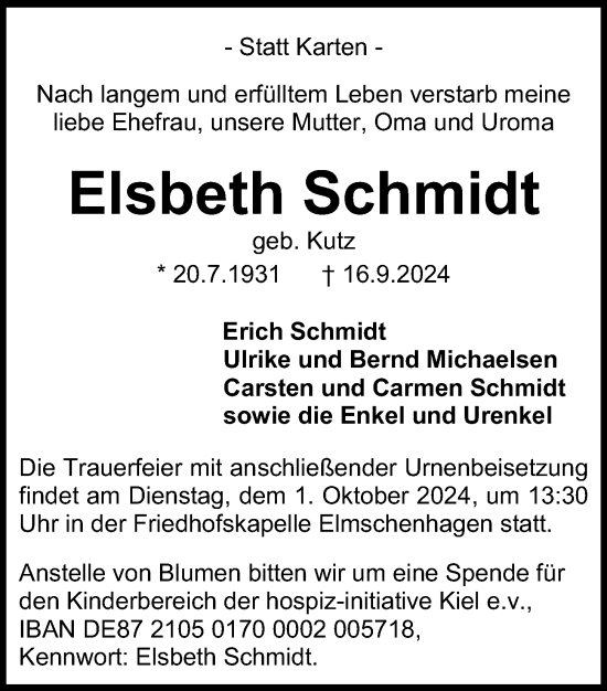 Traueranzeige von Elsbeth Schmidt von Kieler Nachrichten