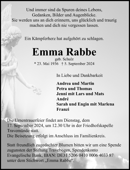 Traueranzeige von Emma Rabbe von Lübecker Nachrichten