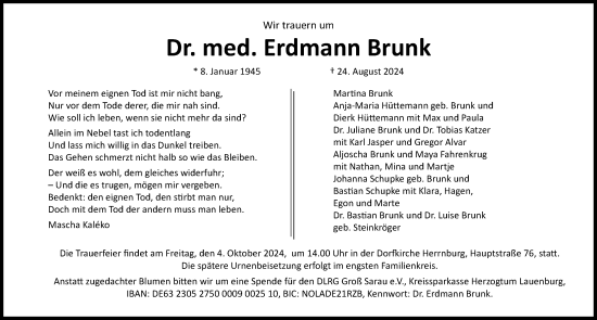 Traueranzeige von Erdmann Brunk von Lübecker Nachrichten