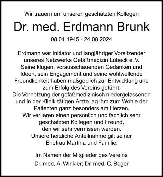 Traueranzeige von Erdmann Brunk von Lübecker Nachrichten