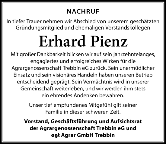 Traueranzeige von Erhard Pienz von Märkischen Allgemeine Zeitung