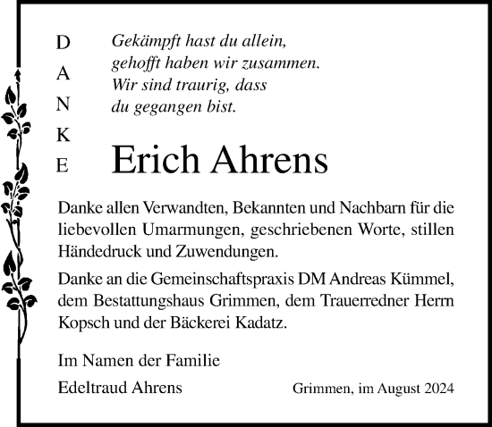 Traueranzeige von Erich Ahrens von Ostsee-Zeitung GmbH